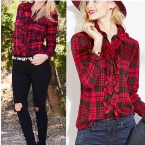 CAbi Lodge Blouse Ruffle Buffalo Plaid Red Black sz Small - Picture 1 of 5